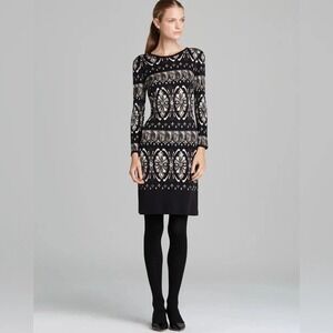 Tory Burch Rossella Dress Small Silk Sheath‎ Long Sleeve Midi Black Geo Print